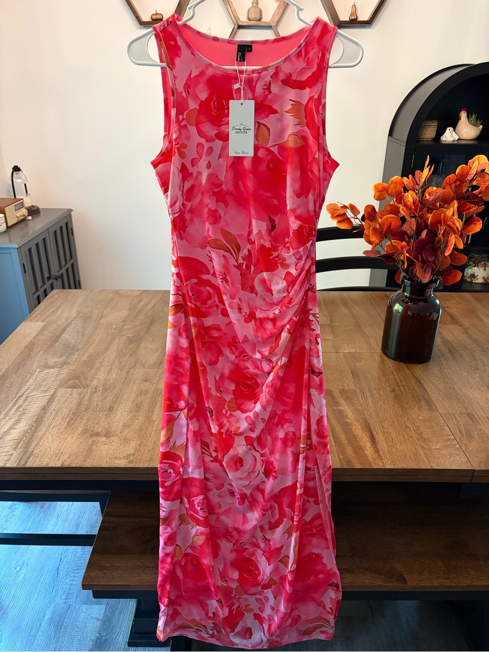 (NEW) Floral Pink & Red Sleeveless Maxi Dress - Elegant Day-to-Evening Style